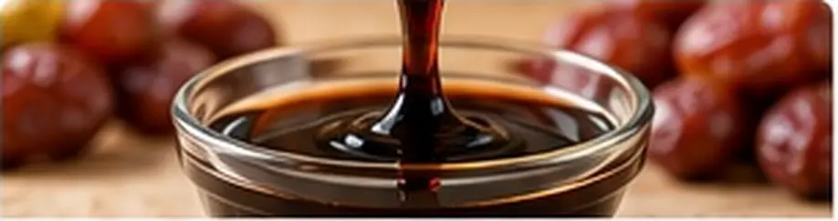 Dark brown date syrup in a glass bowl